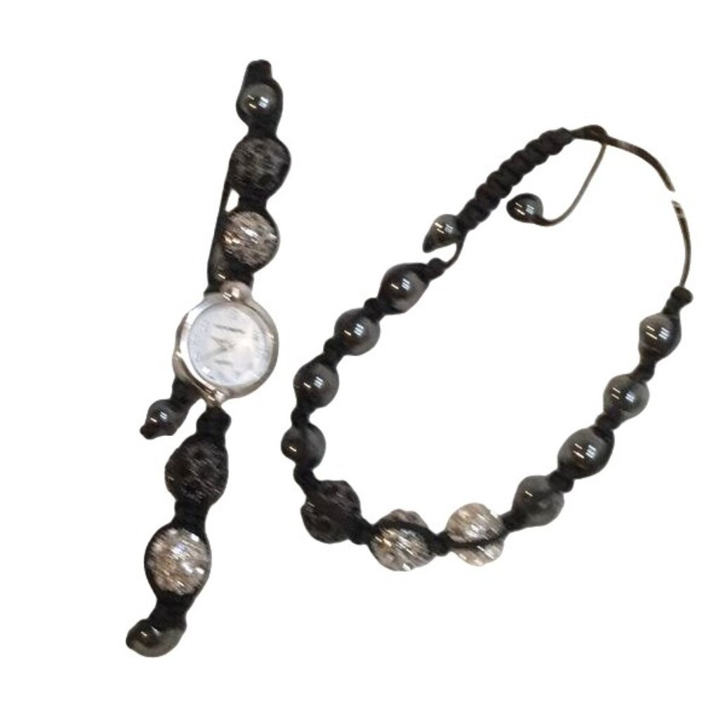 Concepts Womens Bracelet Watch Combo Black/Silver Rhinestones Adjustable Bands